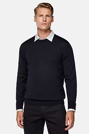 Navy Merino Wool Crew Neck Jumper, Navy blue, hi-res