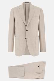 Pied De Poule Linen Wool Silk Suit, Beige, thumb, 6