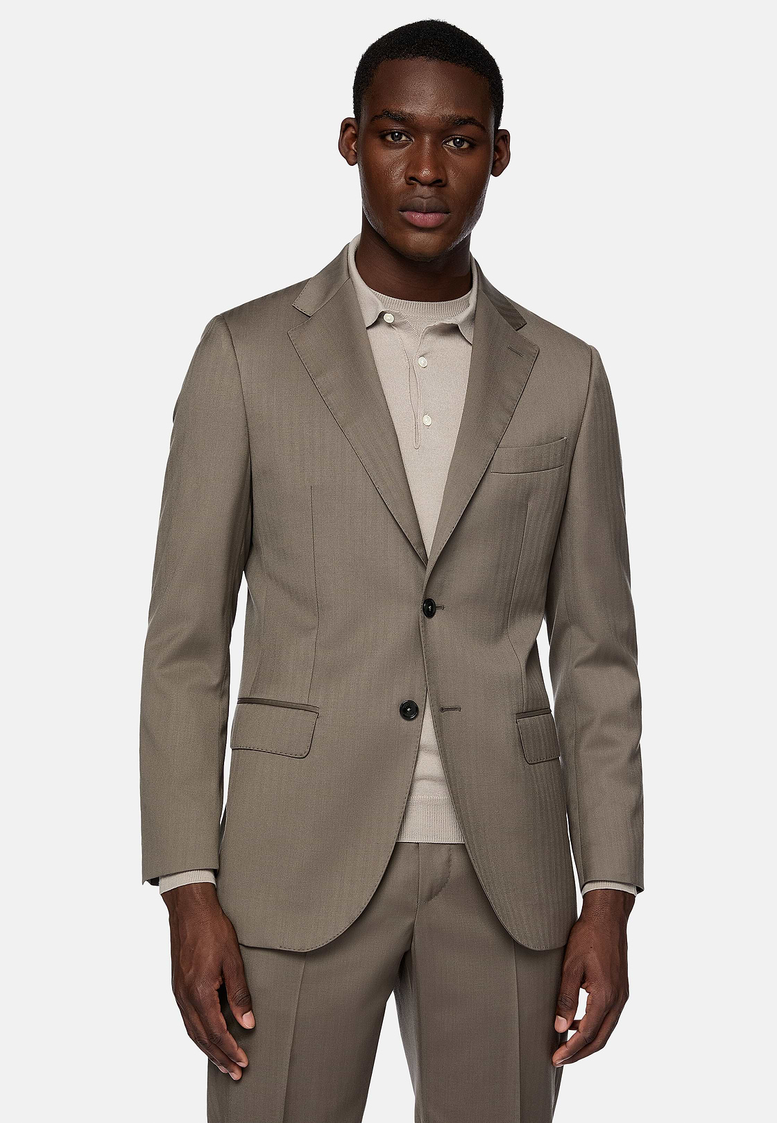 Dove Grey Herringbone Pure Wool Suit, Taupe, hi-res