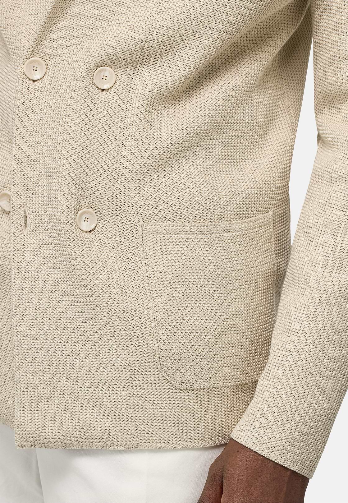 Double-Breasted Knitted Jacket in Cotton Crêpe, Sand, hi-res