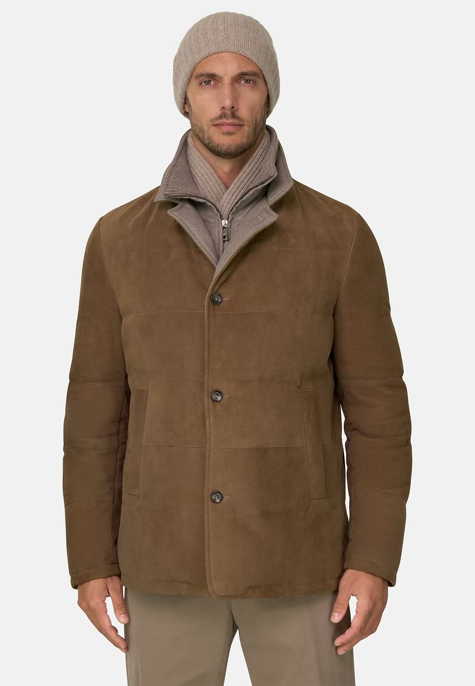 Jacket Padded with Goose Down, Removable Genuine Leather Mélange Flannel Bib, CAML, hi-res
