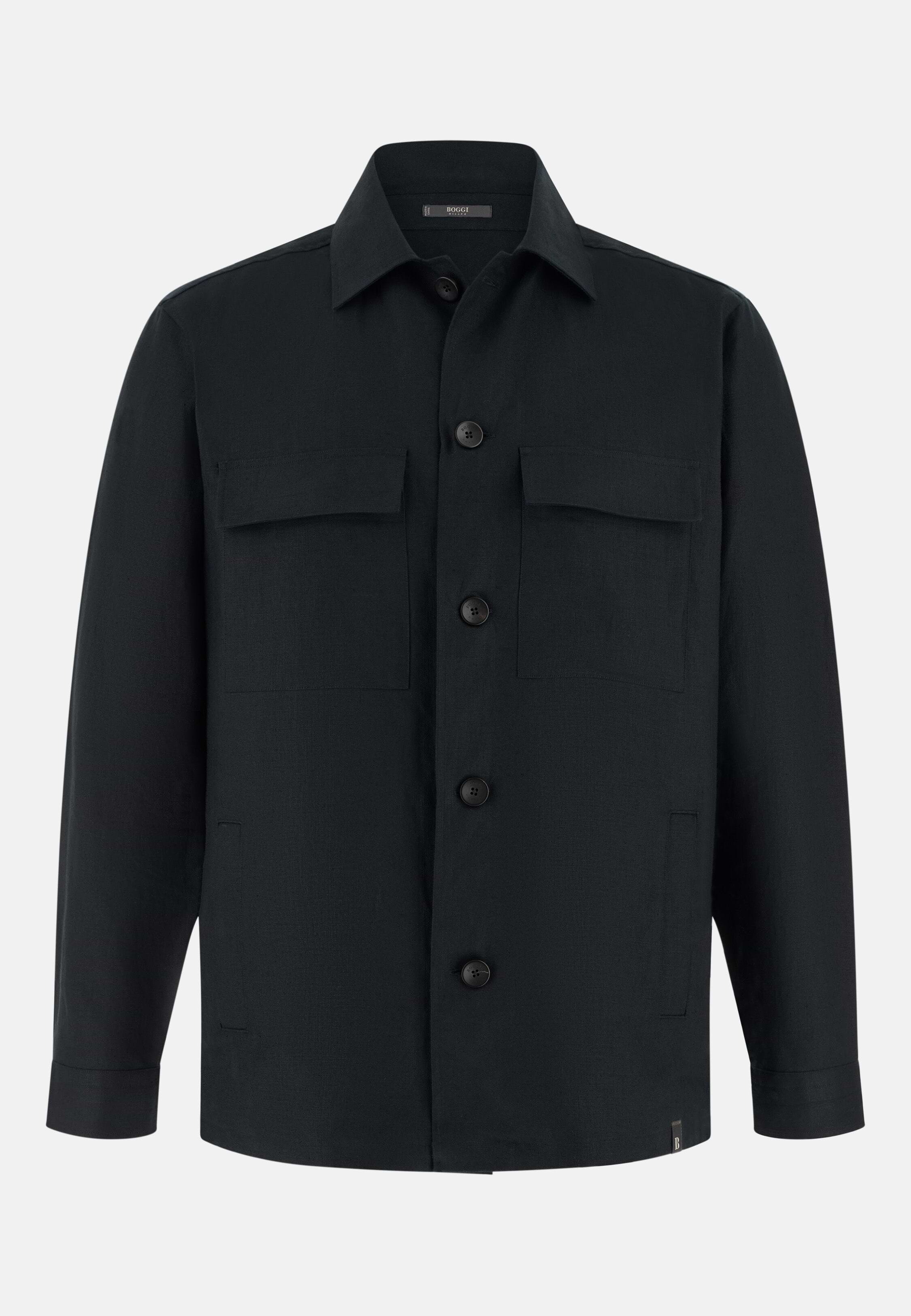 Men's Link Shirt Jacket in Pure Linen, Black | Boggi Milano