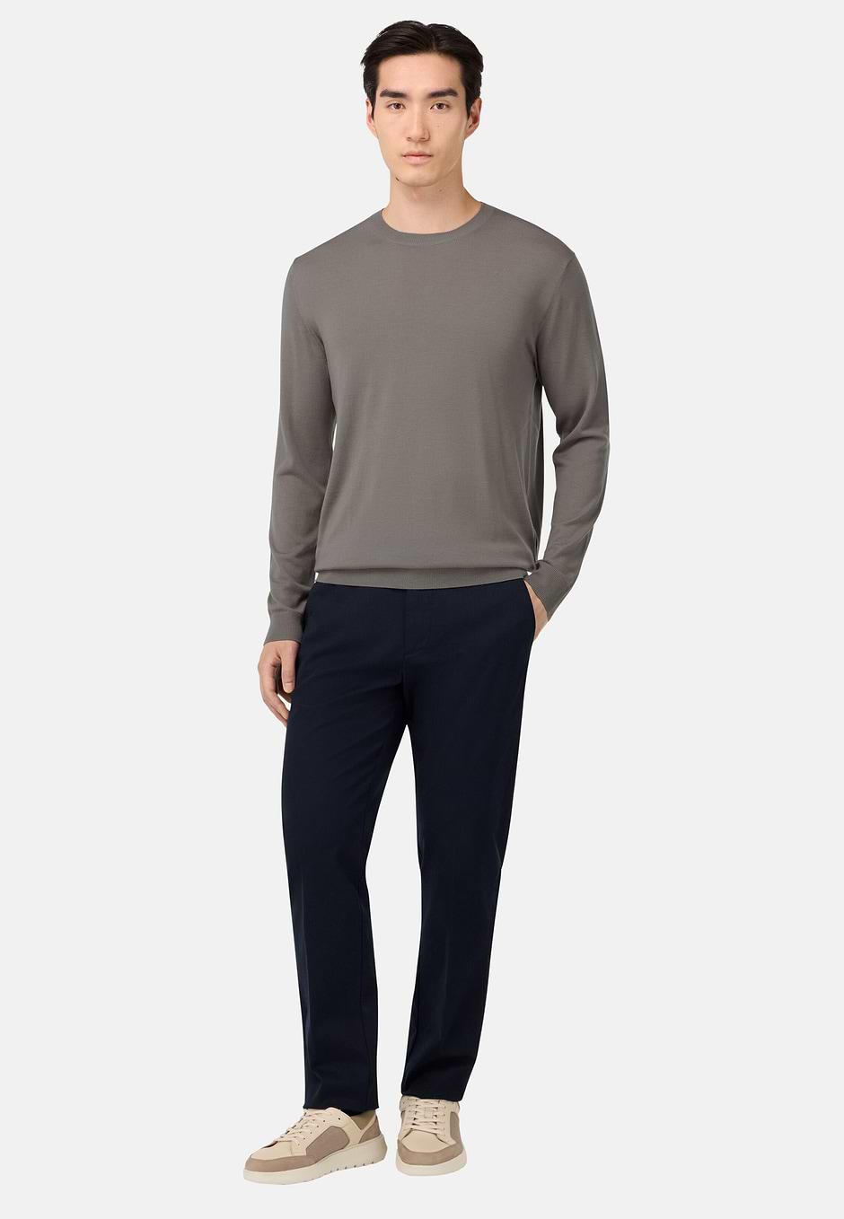 Super Fine Merino Wool Crew Neck Jumper, Taupe, hi-res