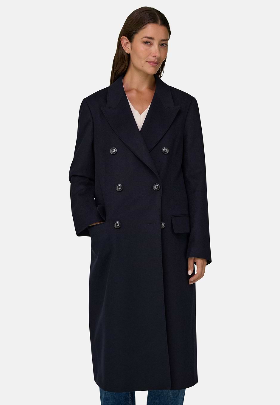 Coat in Pure Cashmere Double-Breasted, Navy blue, hi-res