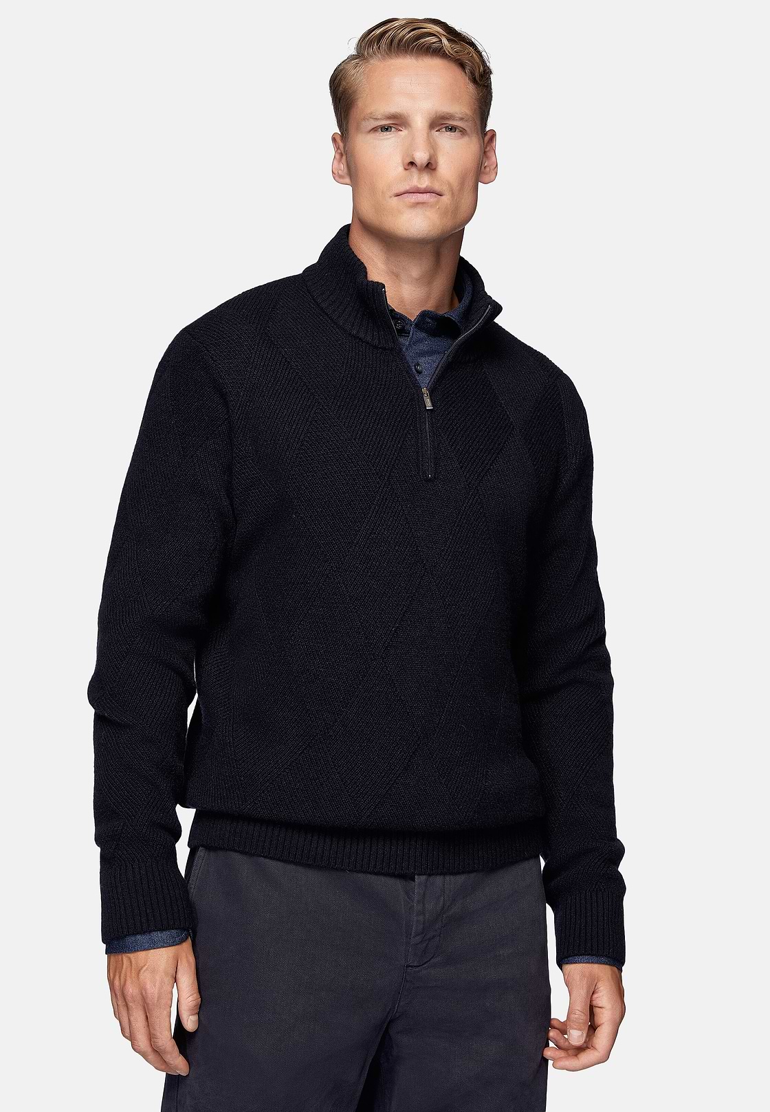 Pull Demi-Zip Bleu Marine En Laine Nylon, bleu marine, hi-res