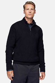 Pull Demi-Zip Bleu Marine En Laine Nylon, bleu marine, hi-res