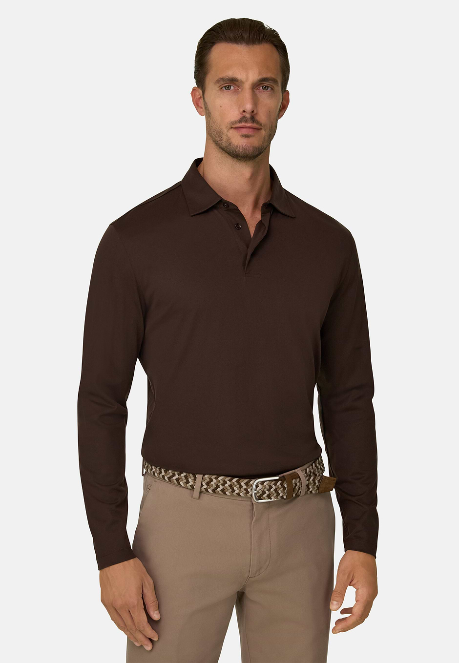 Polo in Cotton and Silk Jersey, Dark brown, hi-res