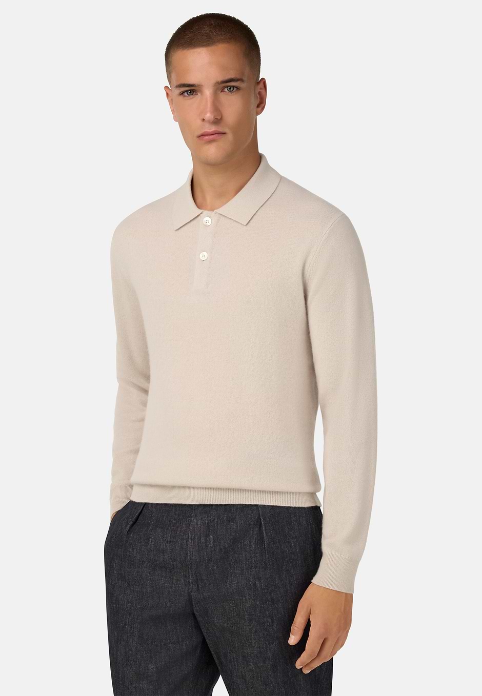 Knitted Cashmere Polo Shirt, Ice, hi-res