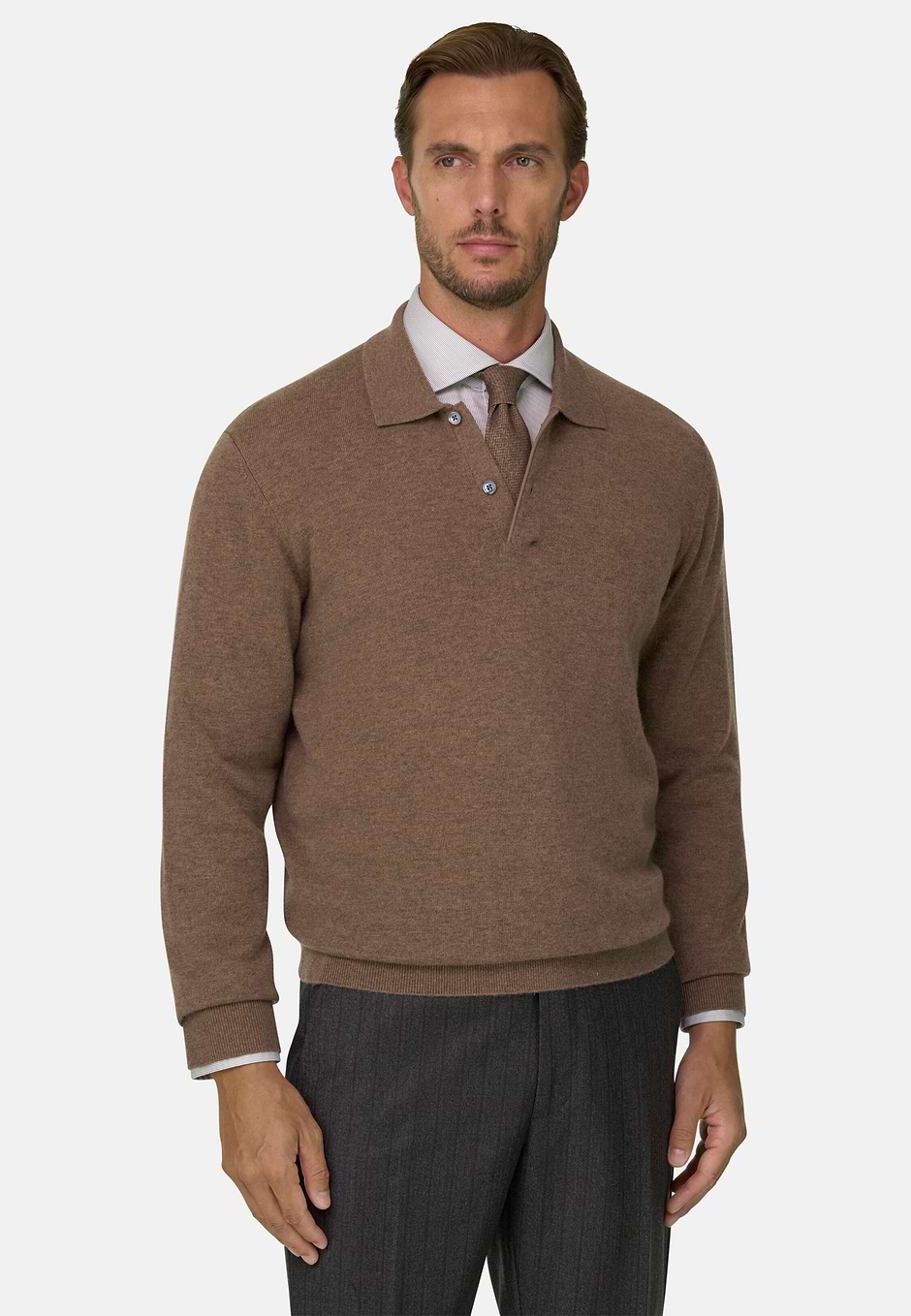 Polo en Maille en Laine Cachemire, Marron, hi-res