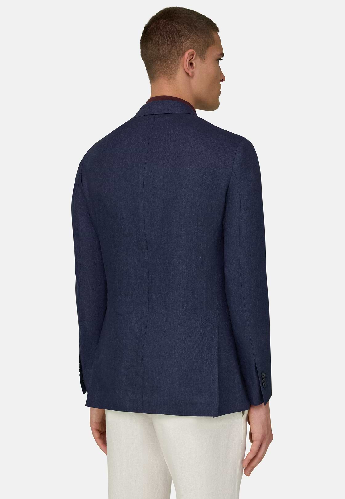 Micro Textured Jacket in Pure Linen, Blue, hi-res, 3