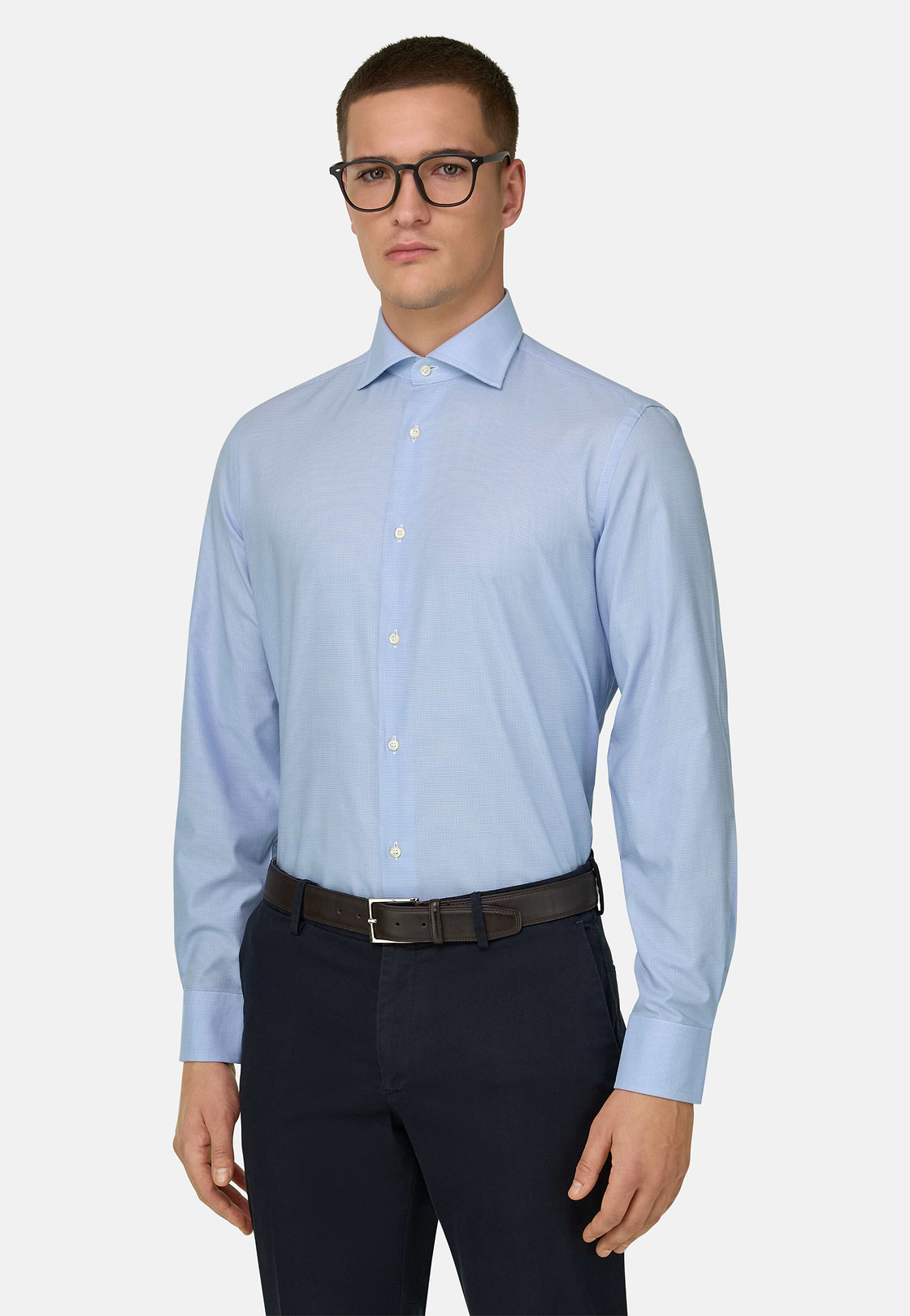 Slim Fit Houndstooth Cotton Shirt, Light Blue, hi-res, 1