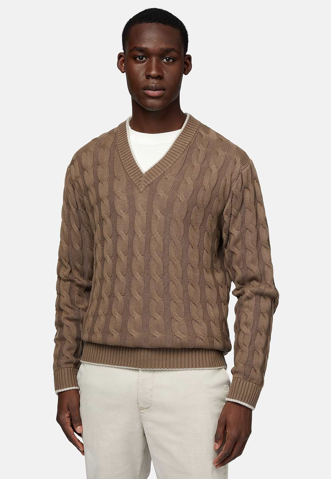 Brown V Neck Jumper In Organic Cotton Wool, Brown, hi-res