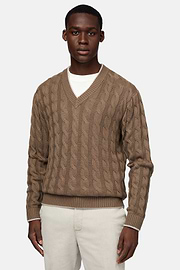 Brown V Neck Jumper In Organic Cotton Wool, Brown, hi-res