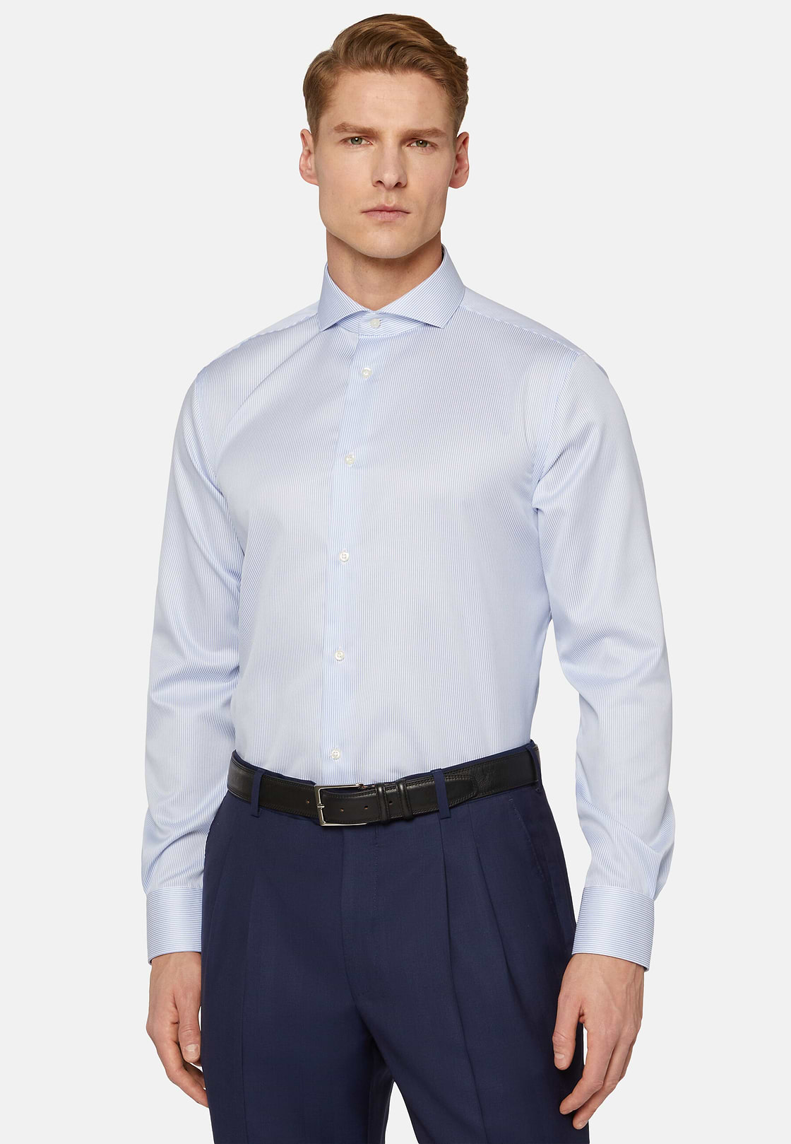 Chemise À Rayures Bleu Clair En Coton Dobby Regular Fit, Bleu clair, hi-res