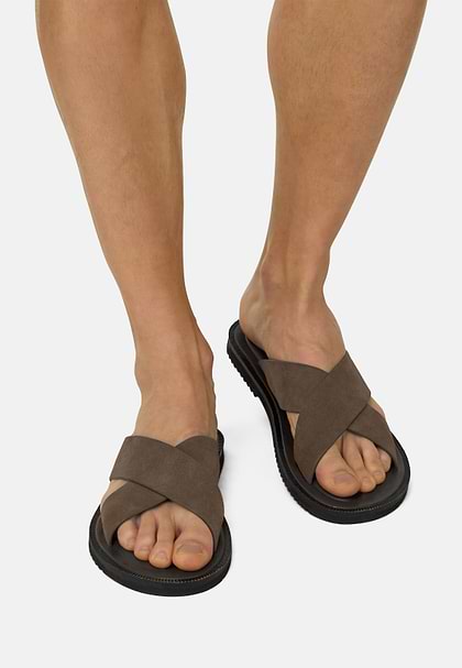 Suede Leather Slippers, Taupe, hi-res