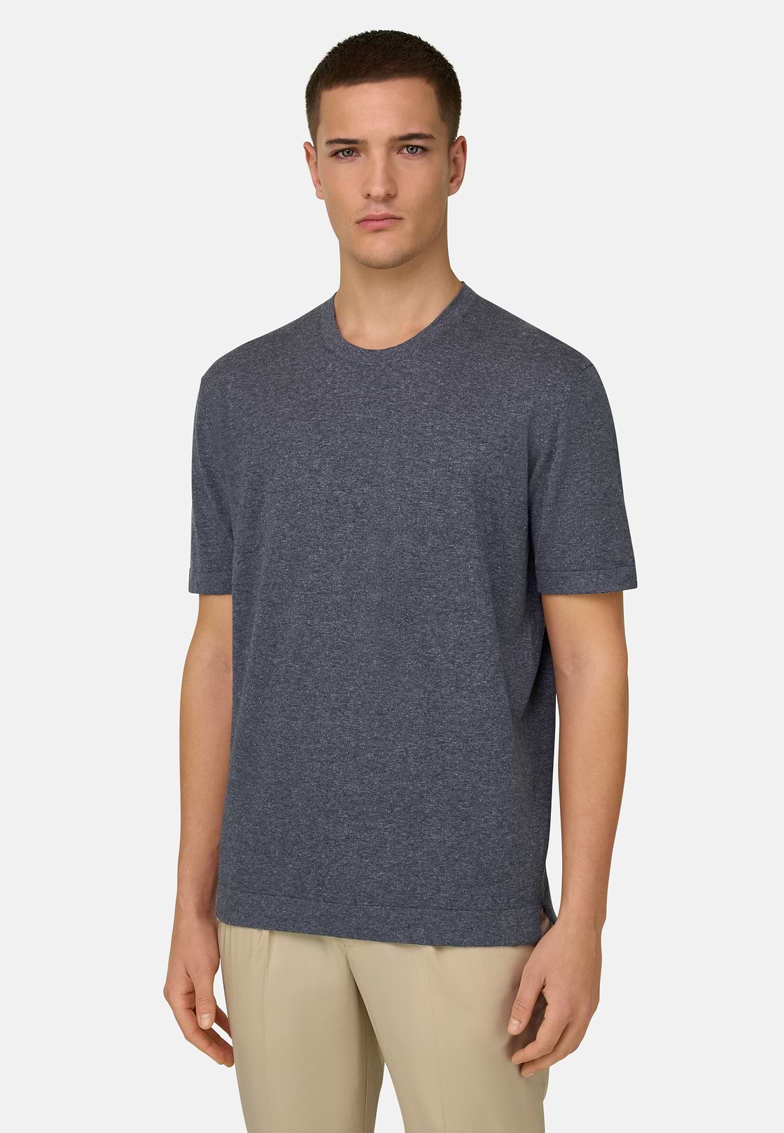 T-Shirt aus Baumwoll-Leinen-Strick, Indigo, hi-res, 1