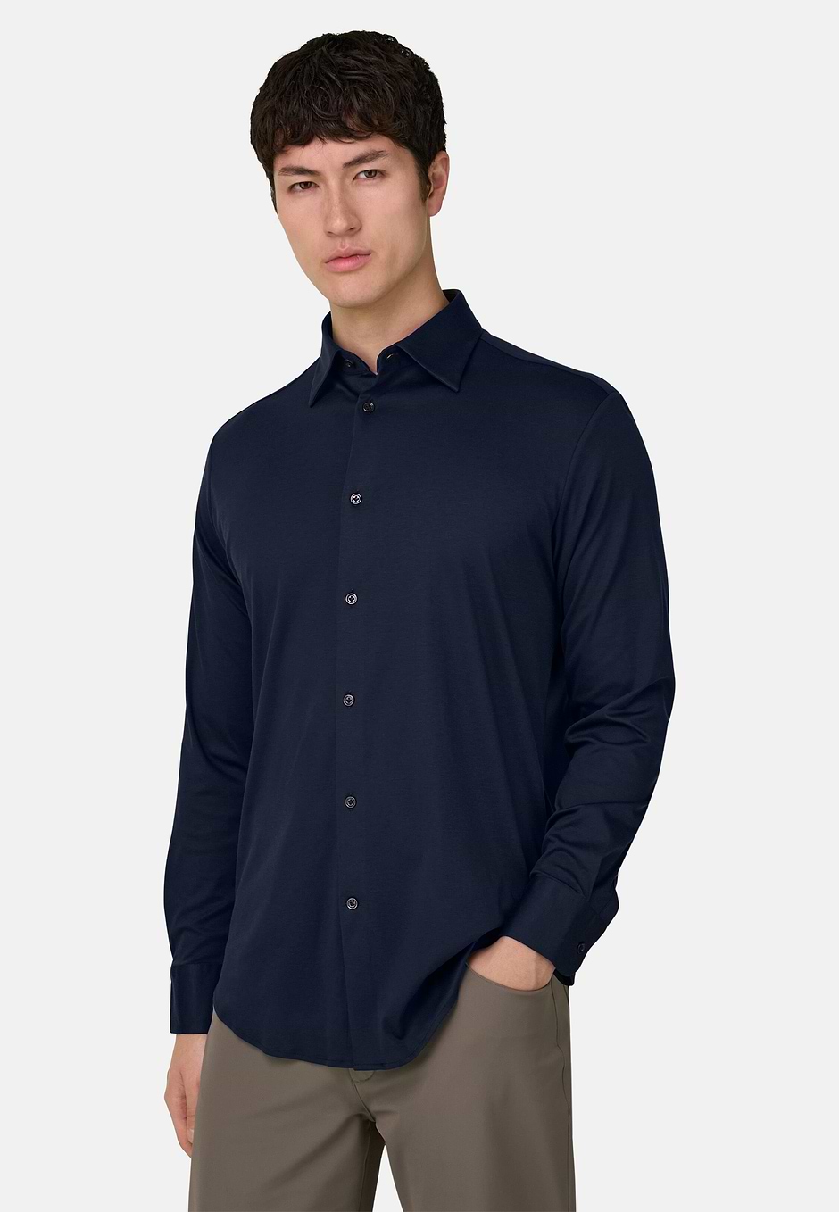 Camisa Estilo Polo De Algodón Seda Corte Regular, Azul  Marino, hi-res