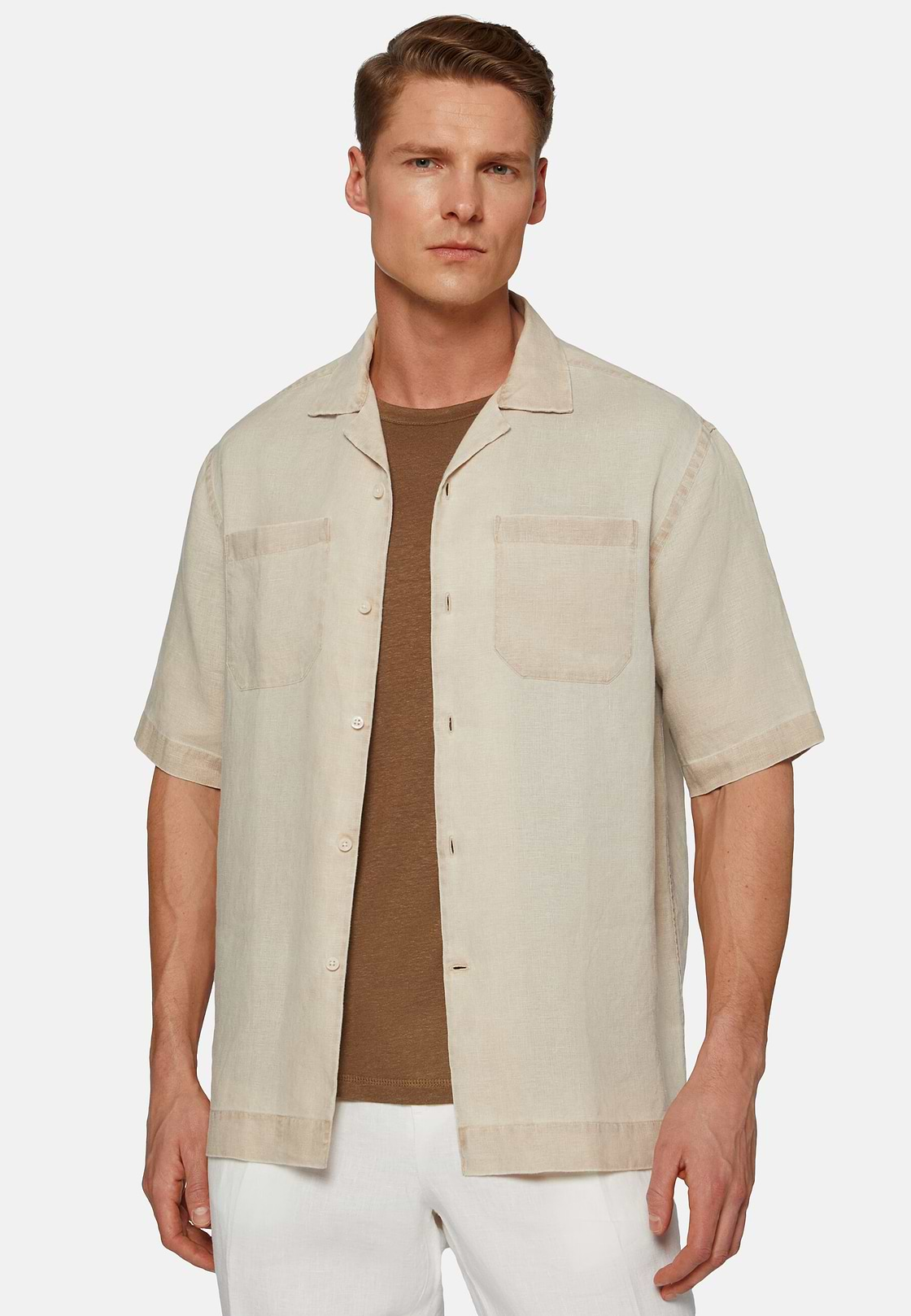 Camisa Larga em Linho Bege, Beige, hi-res