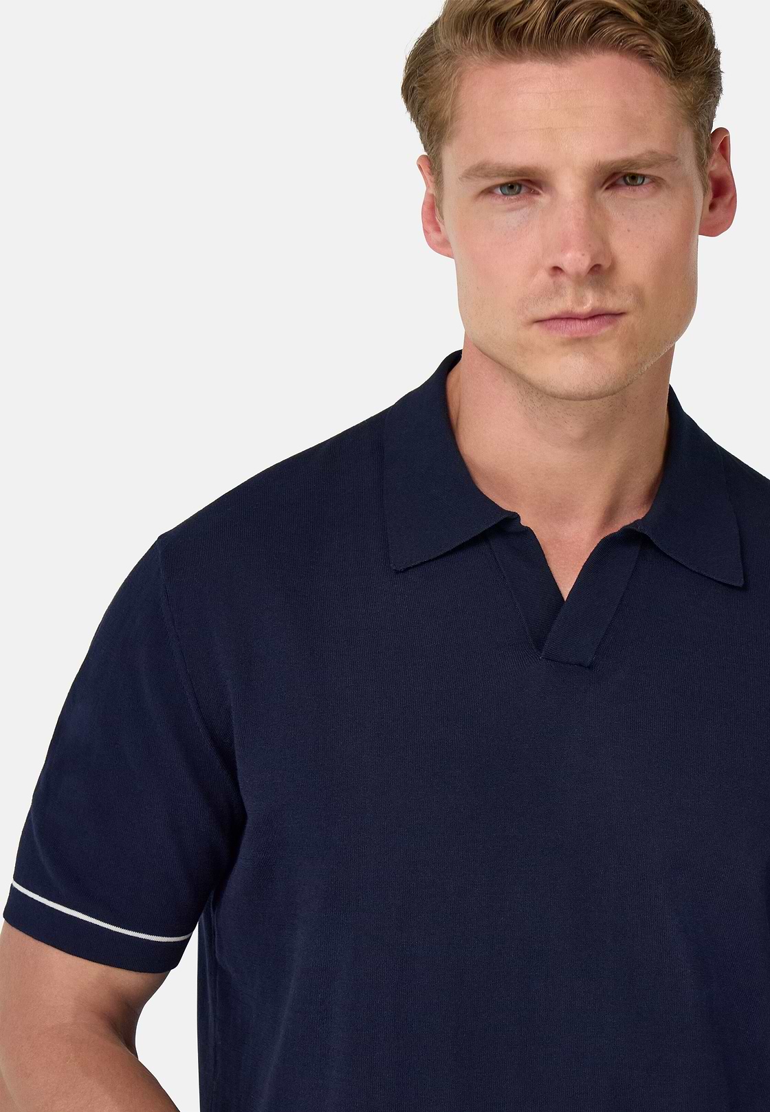 Cotton Crêpe Knit Polo Shirt, Navy blue, hi-res