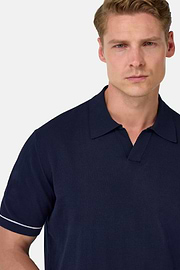 Cotton Crêpe Knit Polo Shirt, Navy blue, hi-res