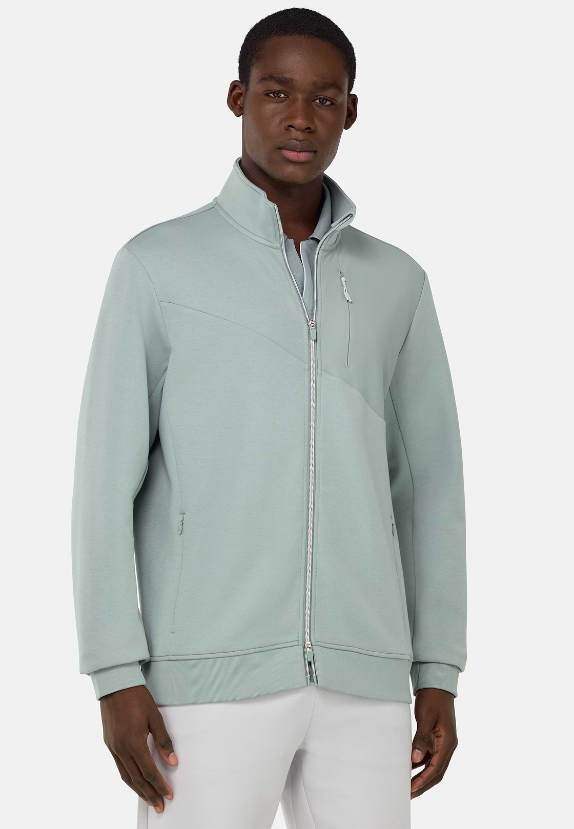 Sweat-Shirt Full Zip En Mélange Coton Et Scuba Léger, Vert Clair, hi-res