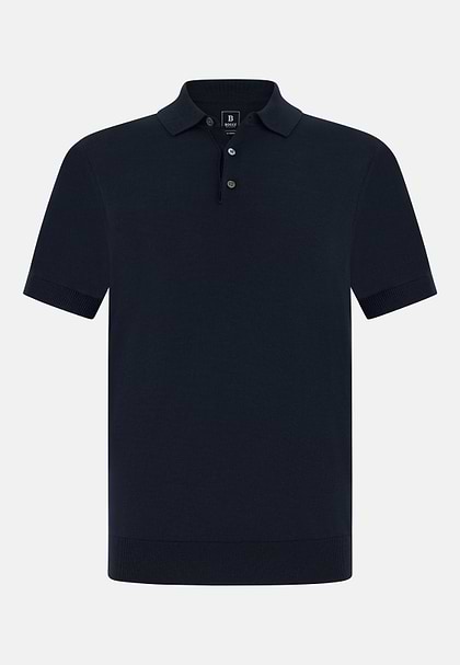 Koszulka polo dzianinowa z supercienkiej wełny, Navy blue, hi-res