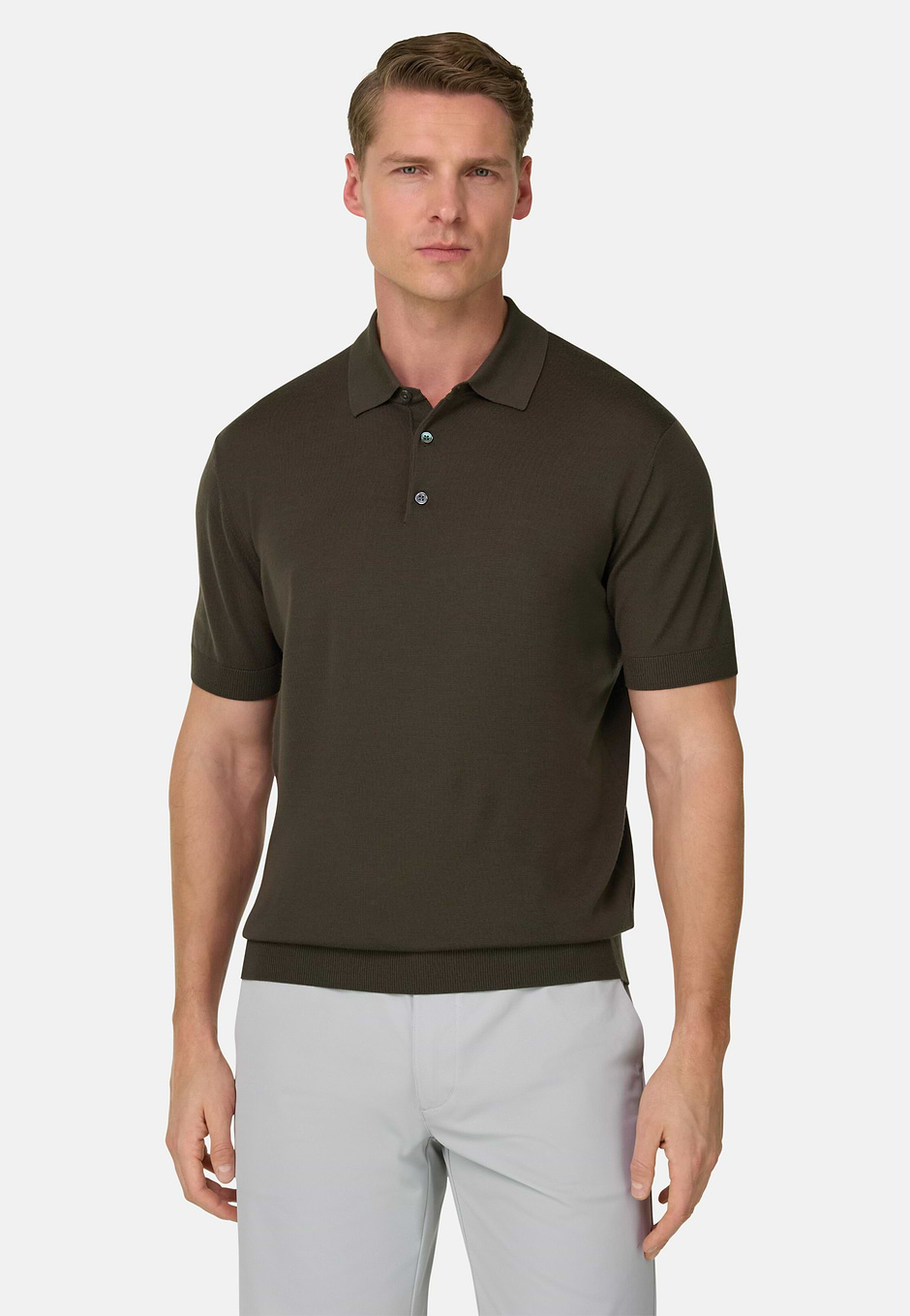 Knitted Polo Shirt in Superfine Wool, Dark brown, hi-res