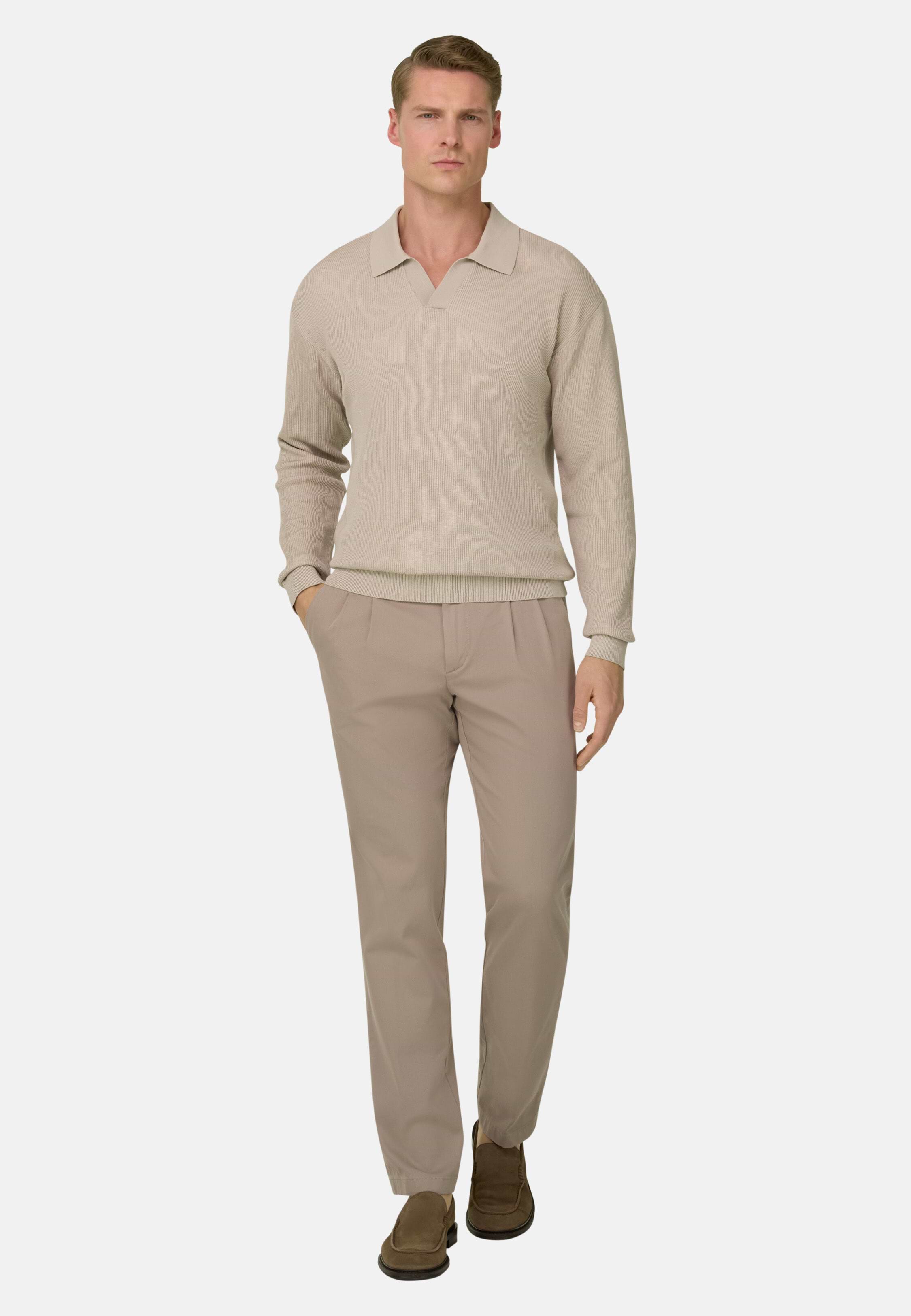 Men's Cotton and Silk Knitted Polo Shirt Long Sleeve, Sand | Boggi