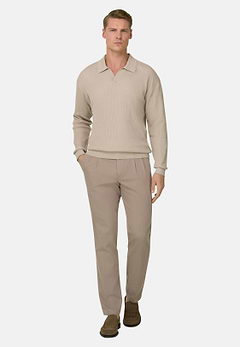 Men's Cotton and Silk Knitted Polo Shirt Long Sleeve, Sand | Boggi