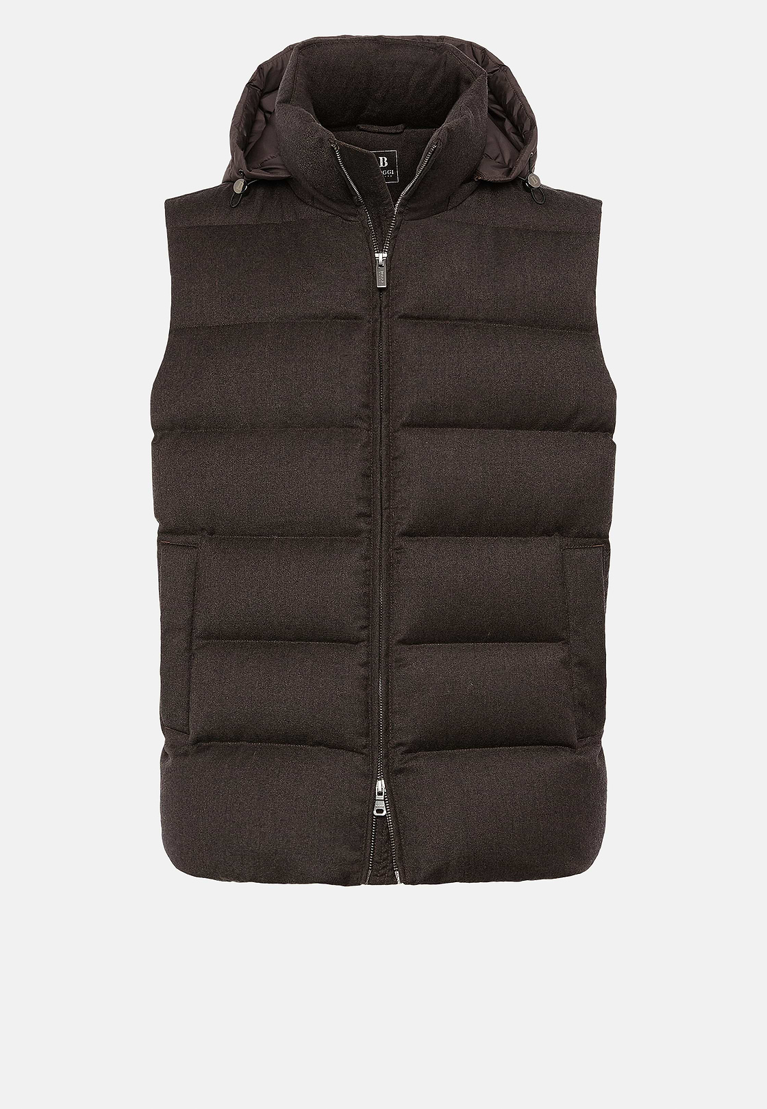 Down-Filled Flannel Gilet With Hood, Brown, hi-res