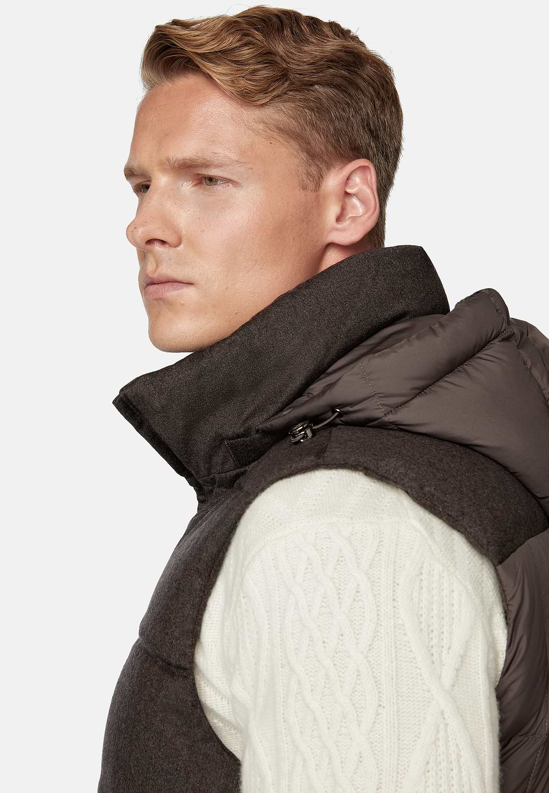 Down-Filled Flannel Gilet With Hood, Brown, hi-res