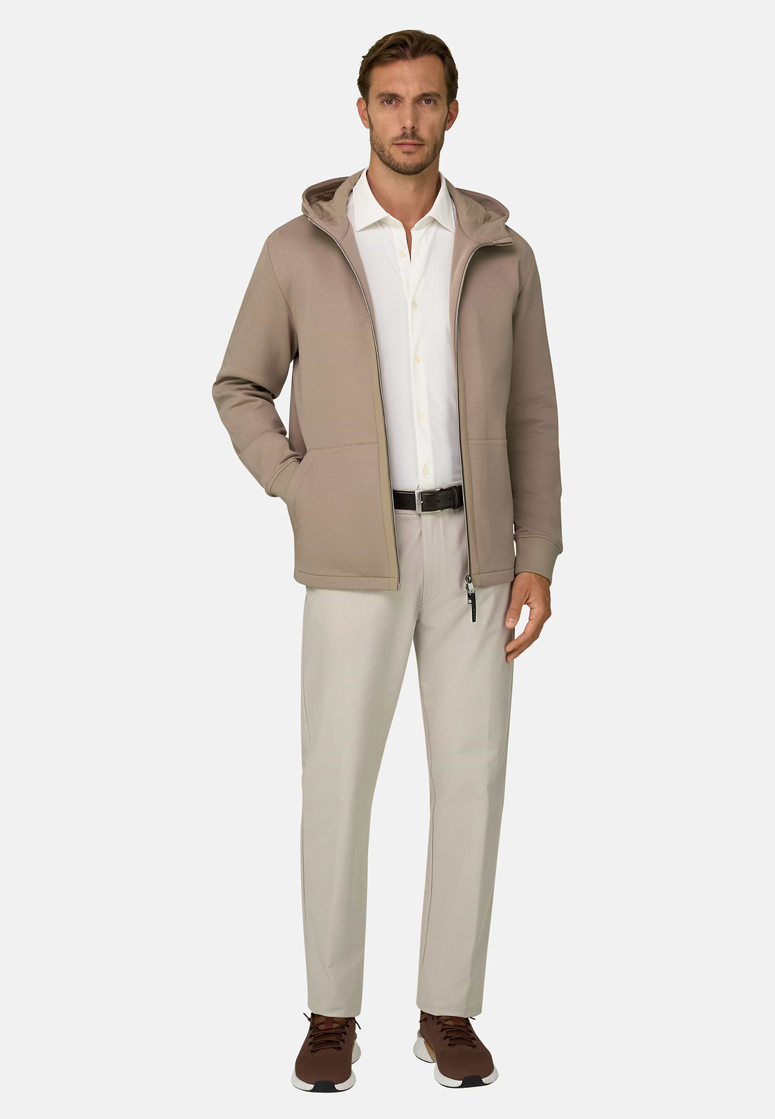 Felpa Full Zip Cappuccio in Misto Cotone Scuba B Tech, Beige, hi-res, 2