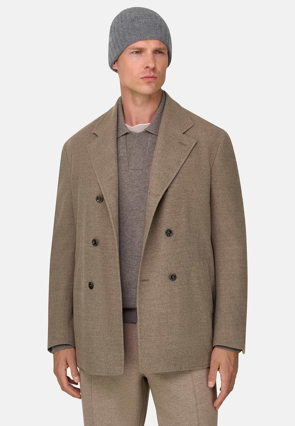 Double-Breasted Blazer in Extrafine Wool, Taupe, hi-res