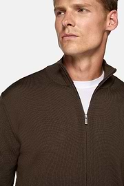 Pull Full Zip Marron En Laine Mérinos, Marron, hi-res