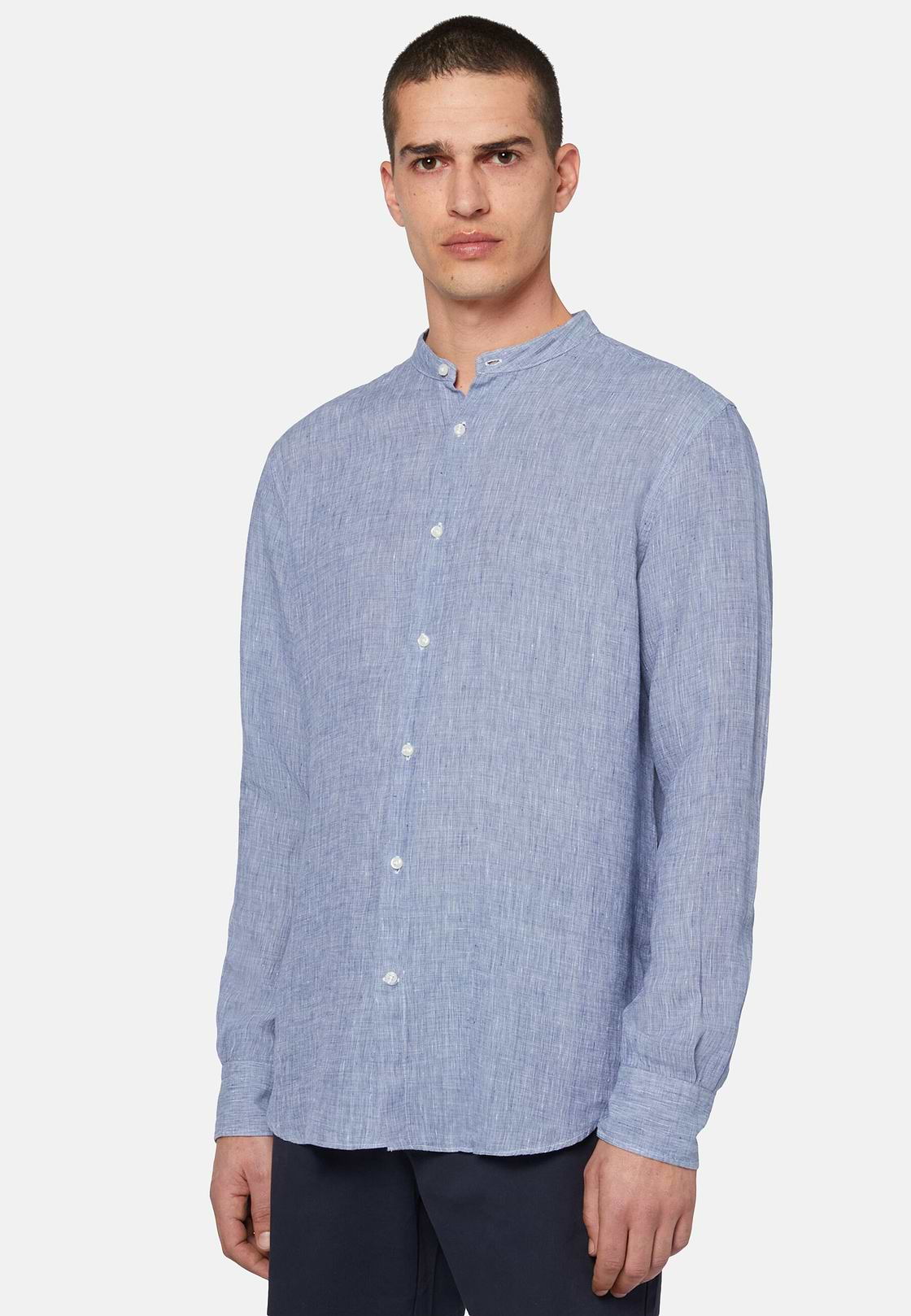 Chemise Col Mao en Lin, Bleu, hi-res