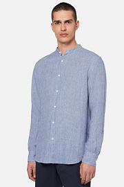 Chemise Col Mao en Lin, Bleu, hi-res