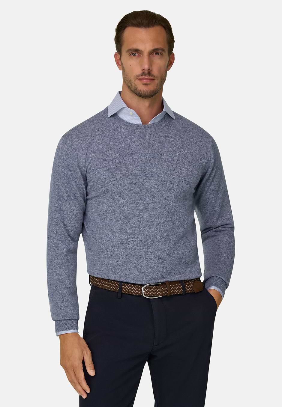 Jersey de cuello redondo en lana Merino Cashwool® mouliné, Azul claro, hi-res
