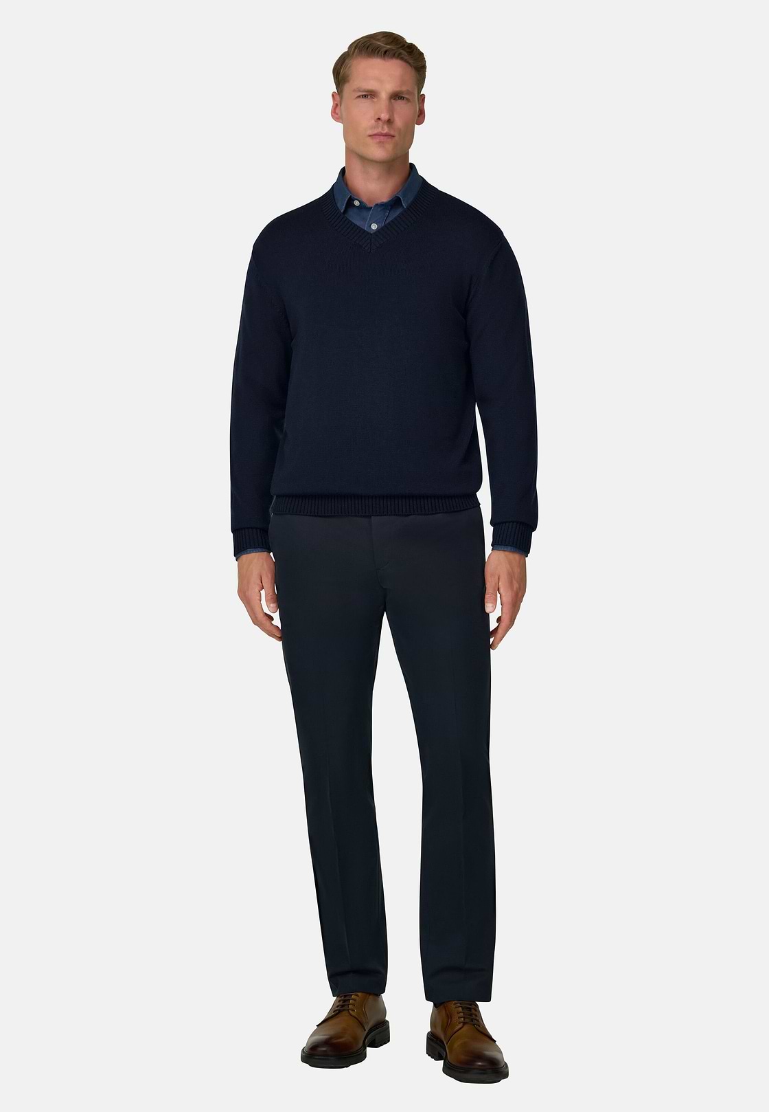 V-Neck Jumper in Extrafine Merino Wool, Navy blue, hi-res, 2