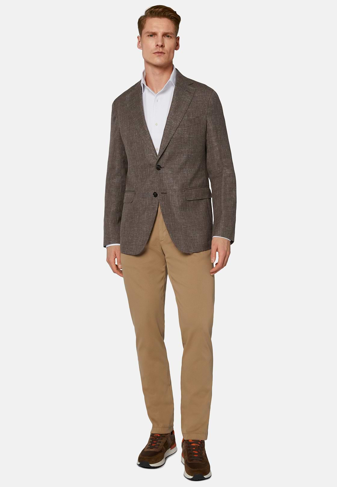 Micro Structured Wool Linen Stretch Blazer, Brown, hi-res