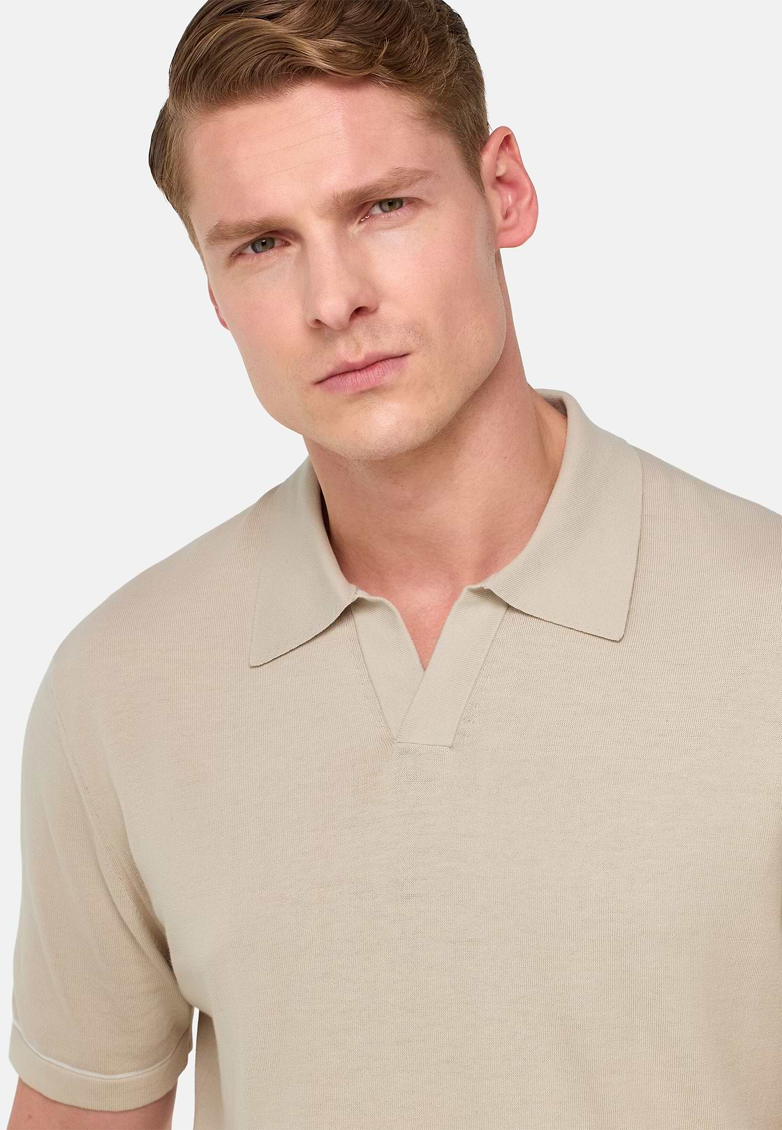 Cotton Crêpe Knit Polo Shirt, Sand, hi-res