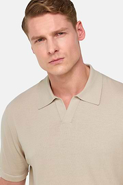 Cotton Crêpe Knit Polo Shirt, Sand, hi-res