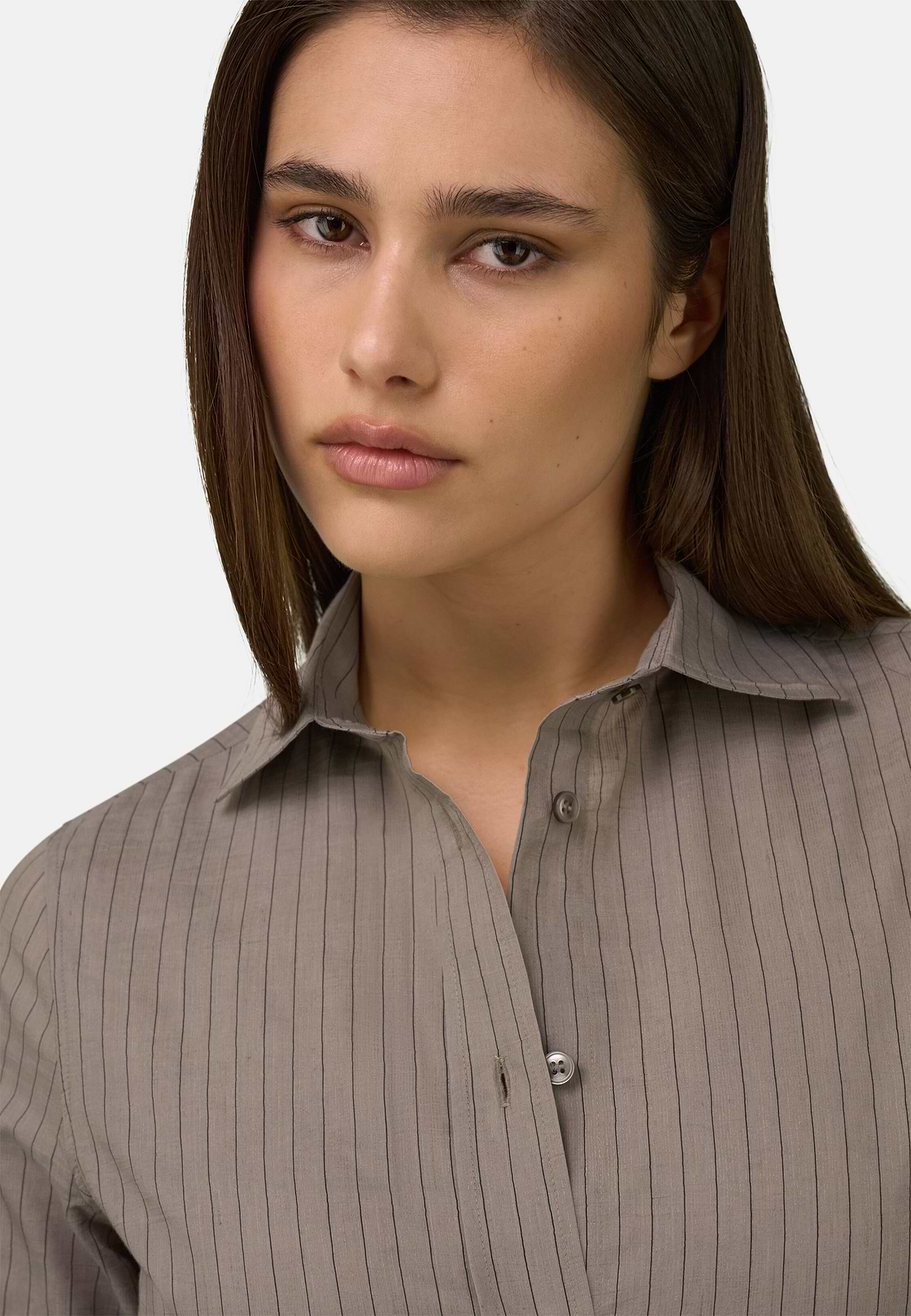 Camicia Gessata in Misto Lino E Cotone, Marrone, hi-res, 4