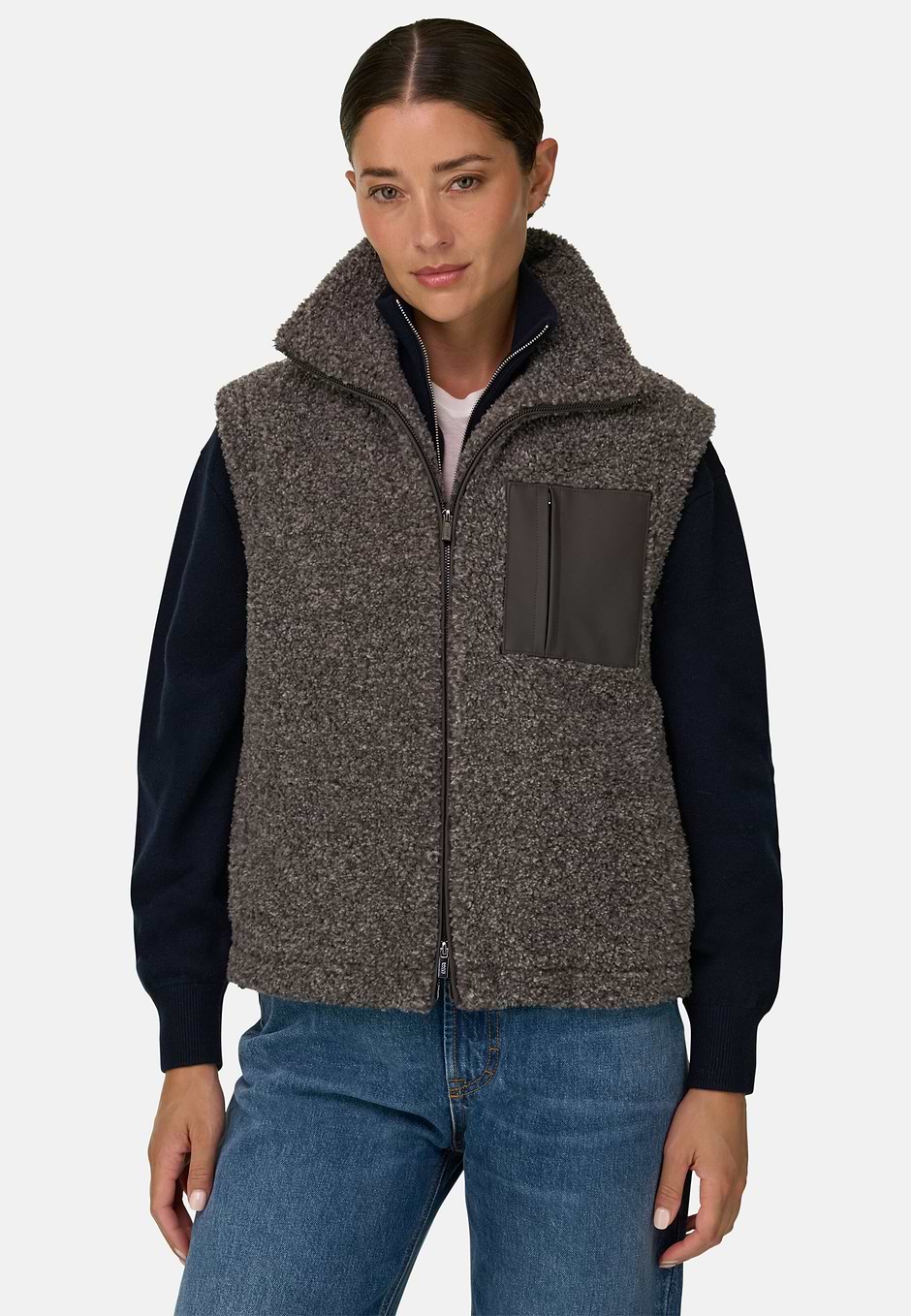 Teddy Full-Zip Gilet, Dark Grey, hi-res