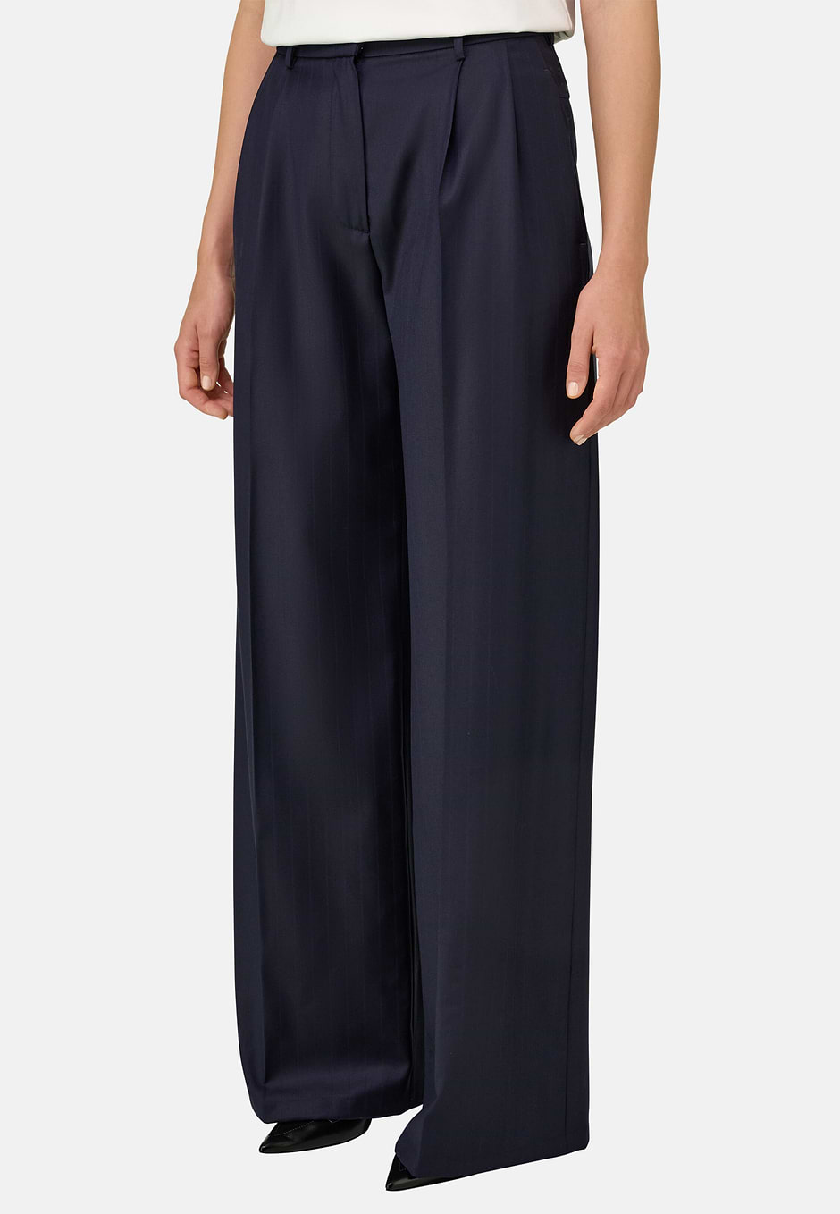 Pinstripe Wool Trousers Double Pleat, Navy blue, hi-res