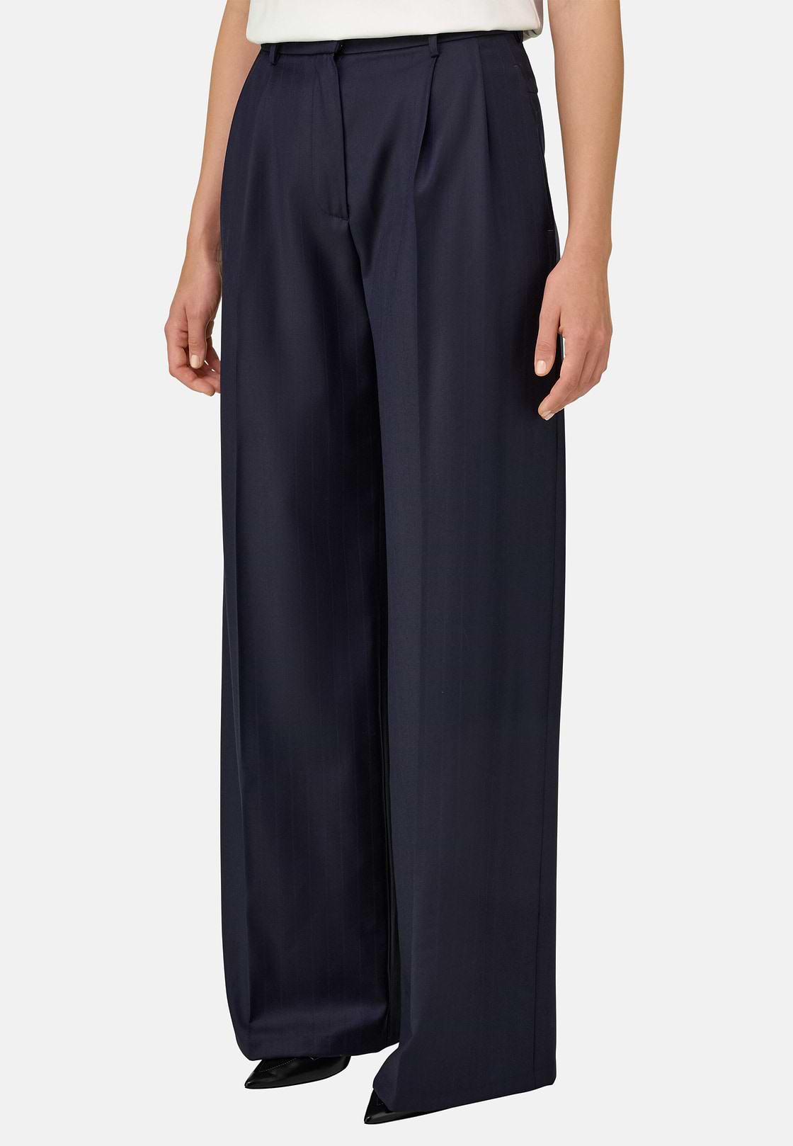 Pinstripe Wool Trousers Double Pleat, Navy blue, hi-res, 1