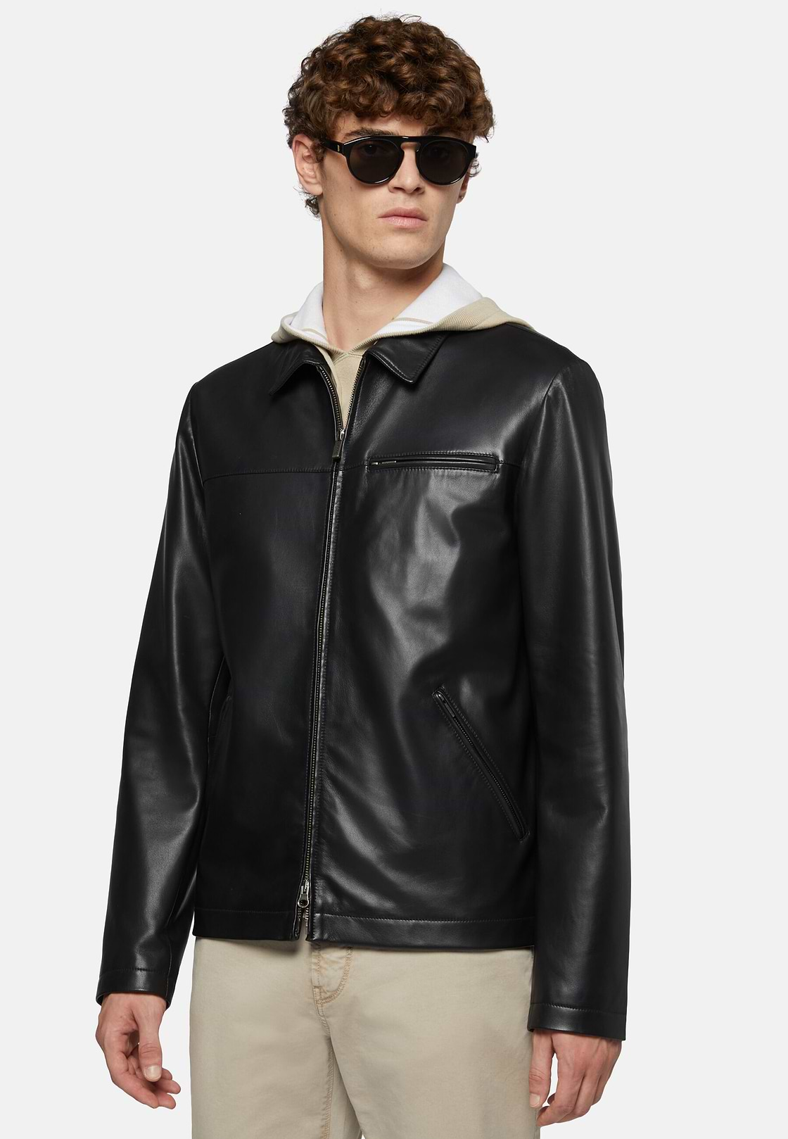 Genuine Leather Bomber Jacket, Black, hi-res