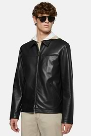 Genuine Leather Bomber Jacket, Black, hi-res