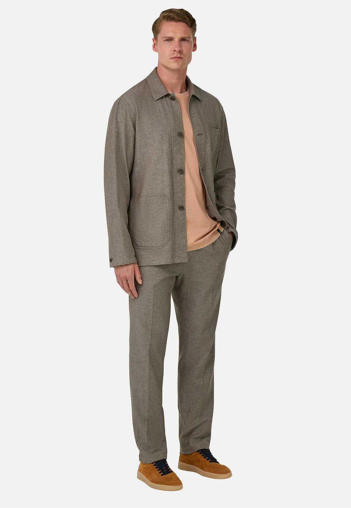 Giacca Camicia Sabbia Diagonale In Lino E Cotone, Taupe, hi-res