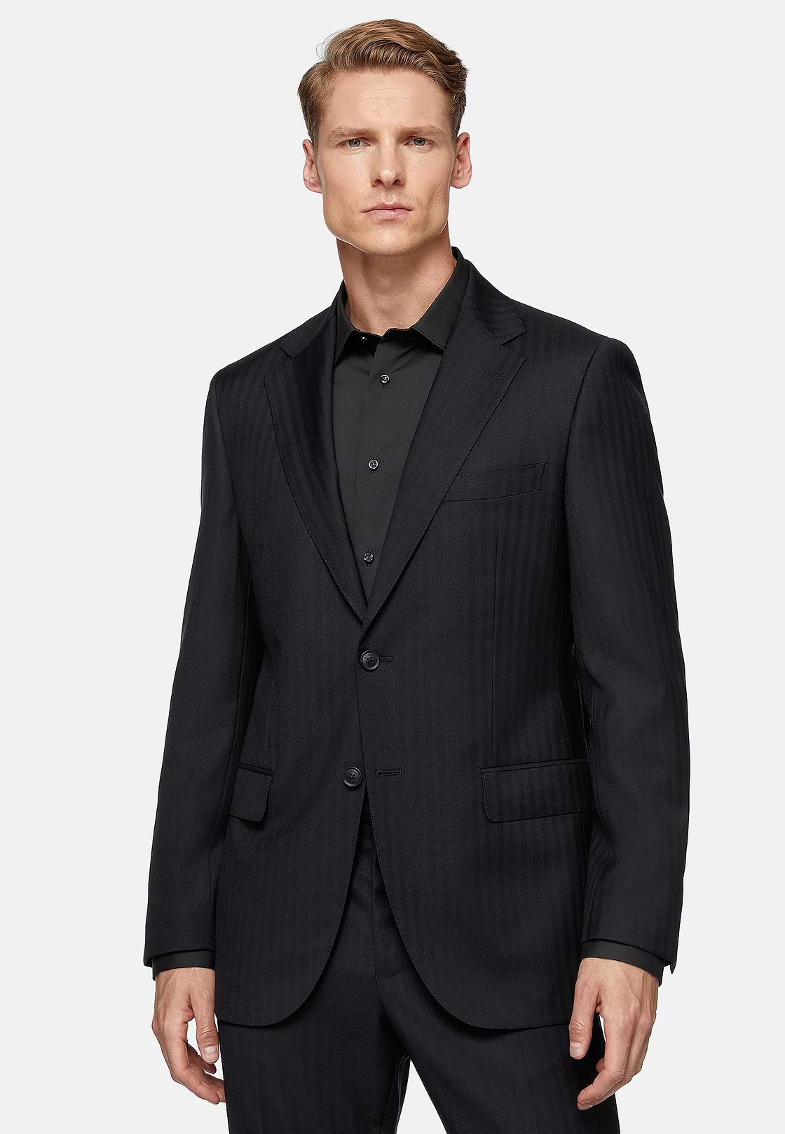 Black Herringbone Suit In Pure Wool, Black, hi-res