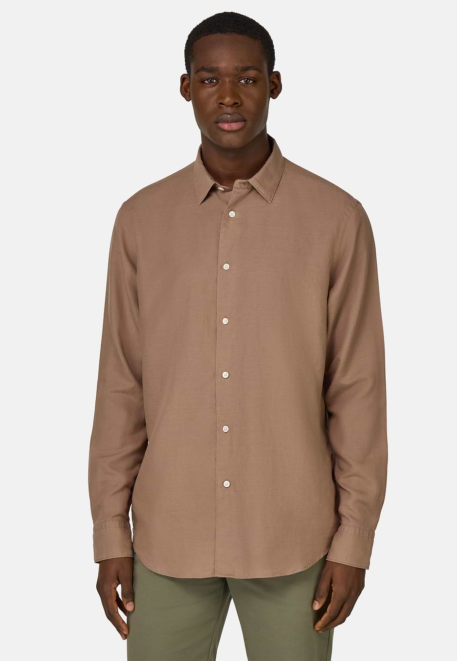 Camicia In Tencel Lino Regular Fit, Marrone, hi-res
